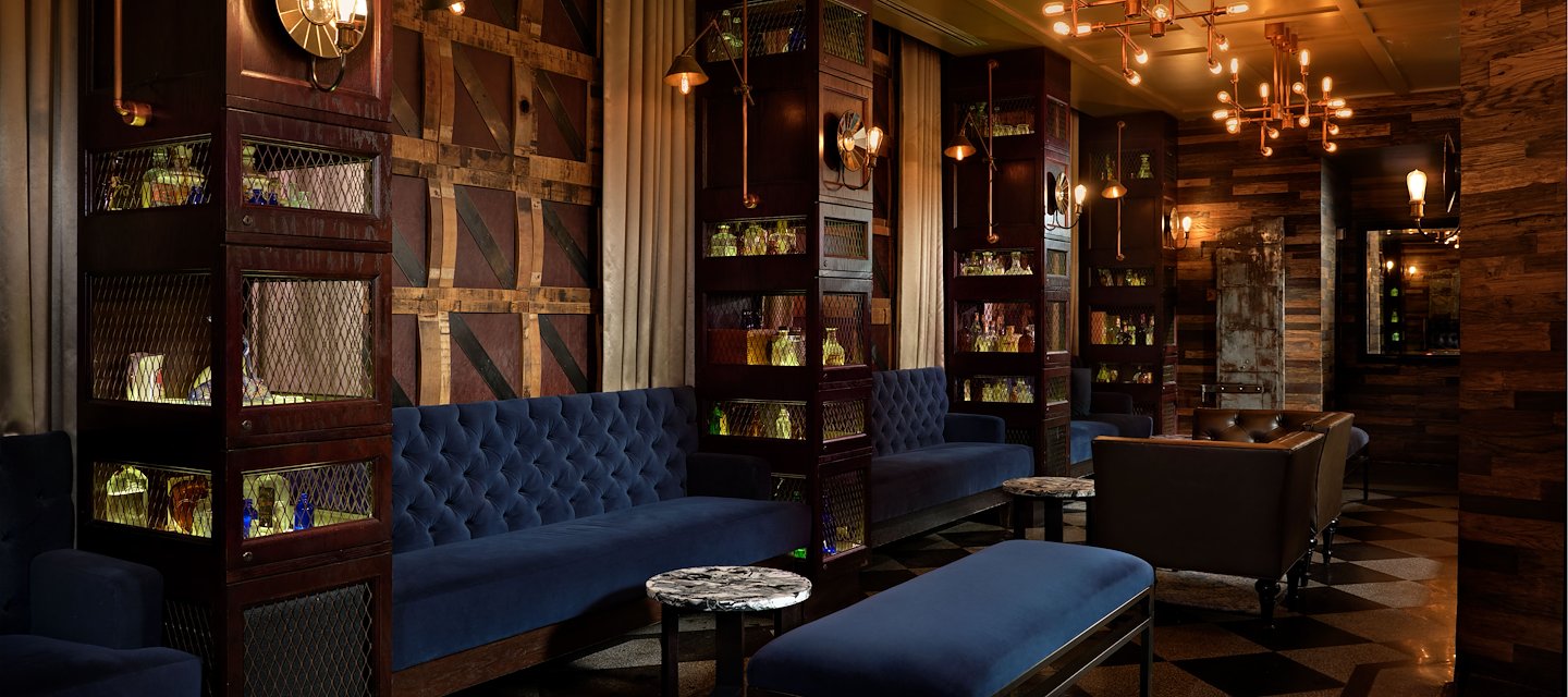 Stylish lobby seating area at ACME Hotel in Chicago, Illinois.