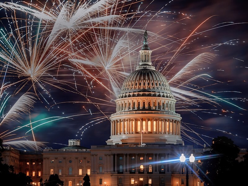 Washington DC capitol building with fireworks