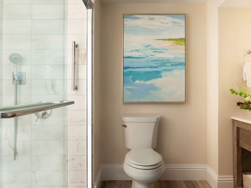 A bathroom with a toilet, shower, and painting on the wall.