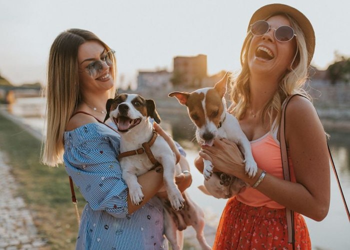 Two women holding dogs and laughing
