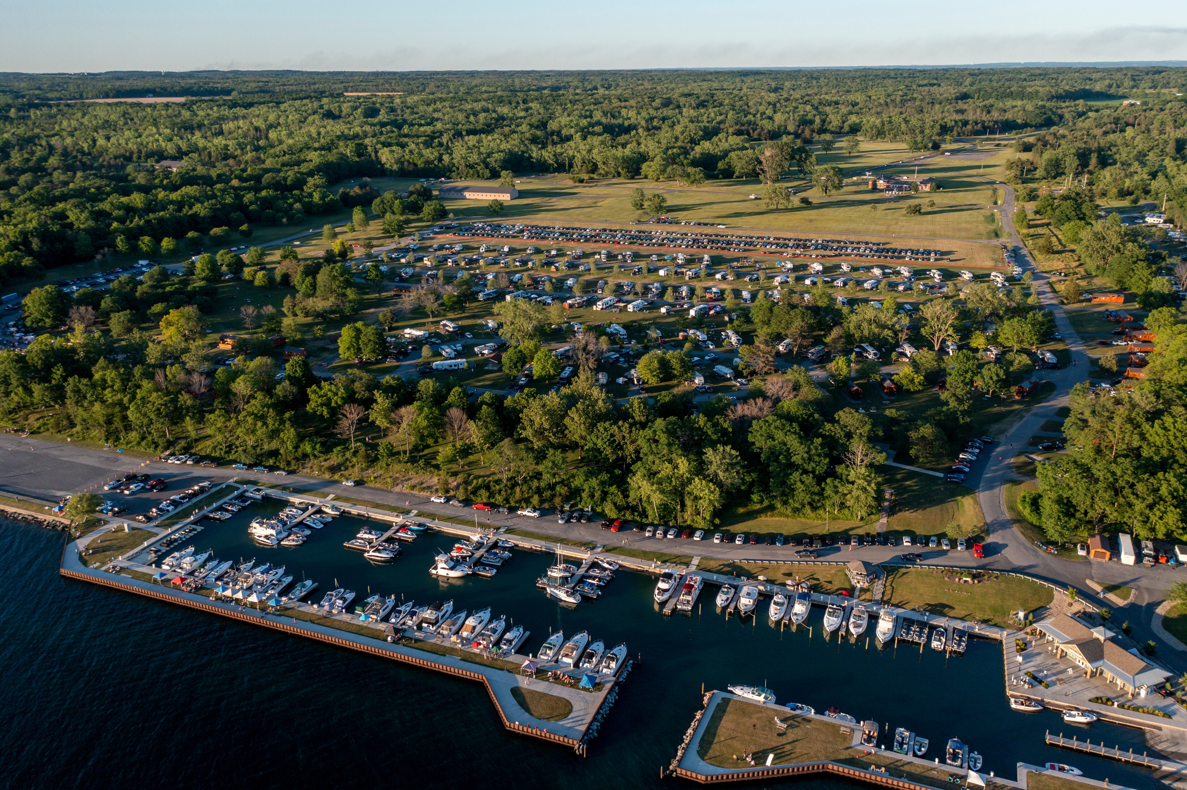 Aerial view of Seneca Lake Resorts showcasing its marina and surrounding