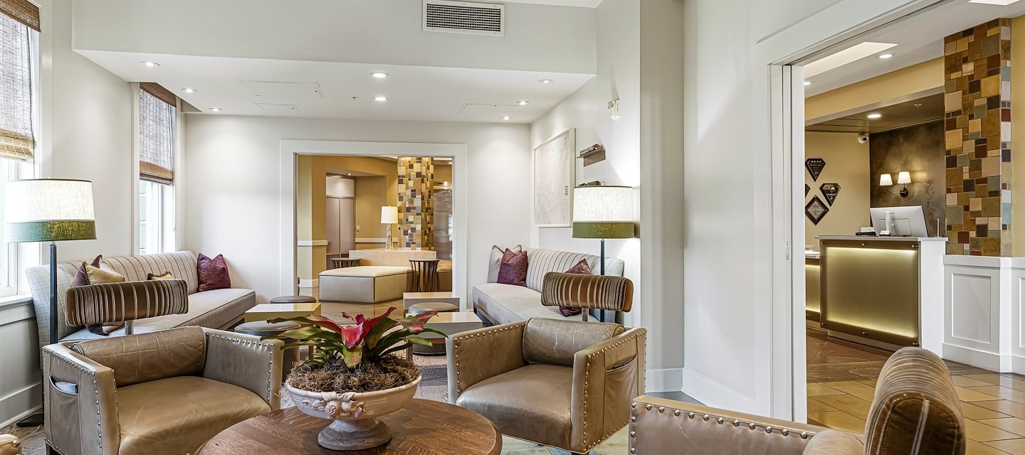 The lobby of a hotel with a large living room, Hotel Parq Central, Albuquerque, New Mexico
