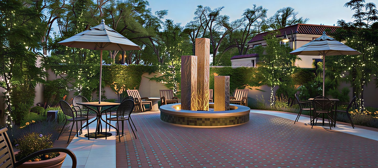 The courtyard at the hotel is lit up at dusk, Hotel Parq Central, Albuquerque, New Mexico