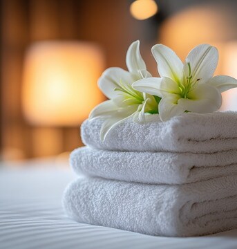 Towels on a bed with fresh flowers