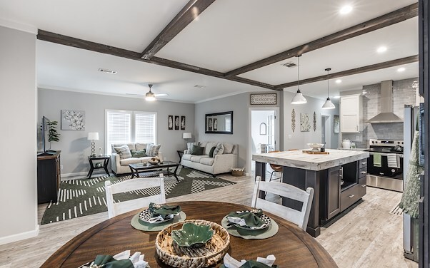 Dining table and kitchen area