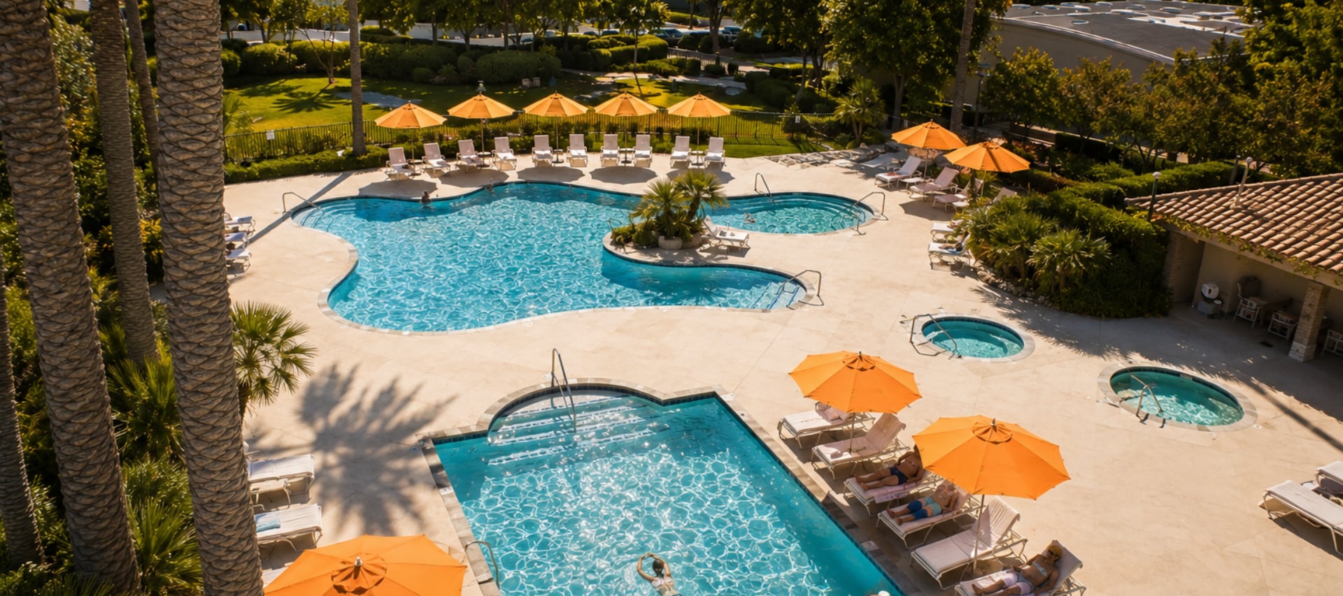 Aeriel view of Golden Village Palms RV Resort pool area - Hemet California