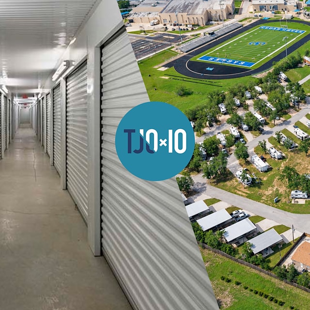 Interior self-storage units and an aerial view of an RV park with the TJO 10x10 Management logo centered between them.