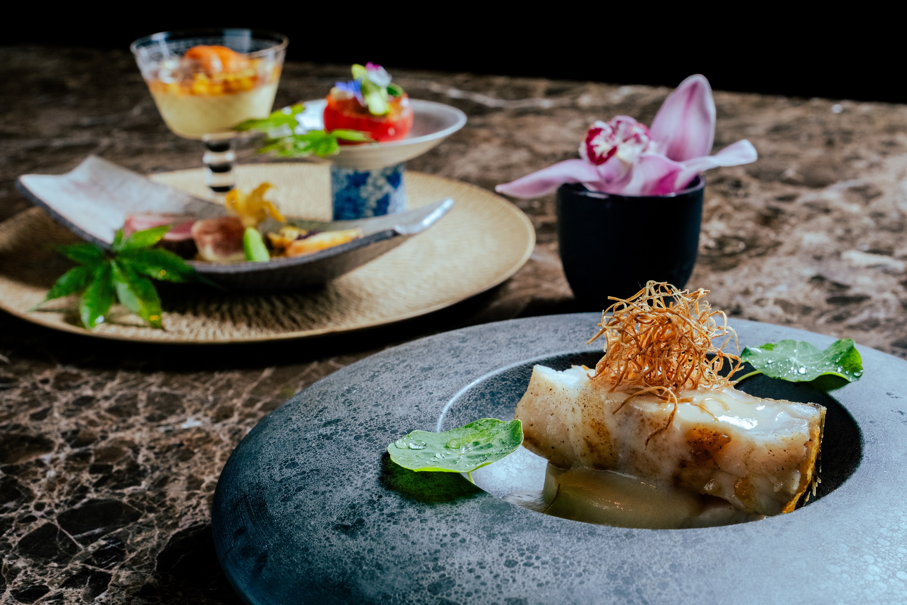 Japanese food with a fish and a wagyu meat, The Kitano Hotel New York