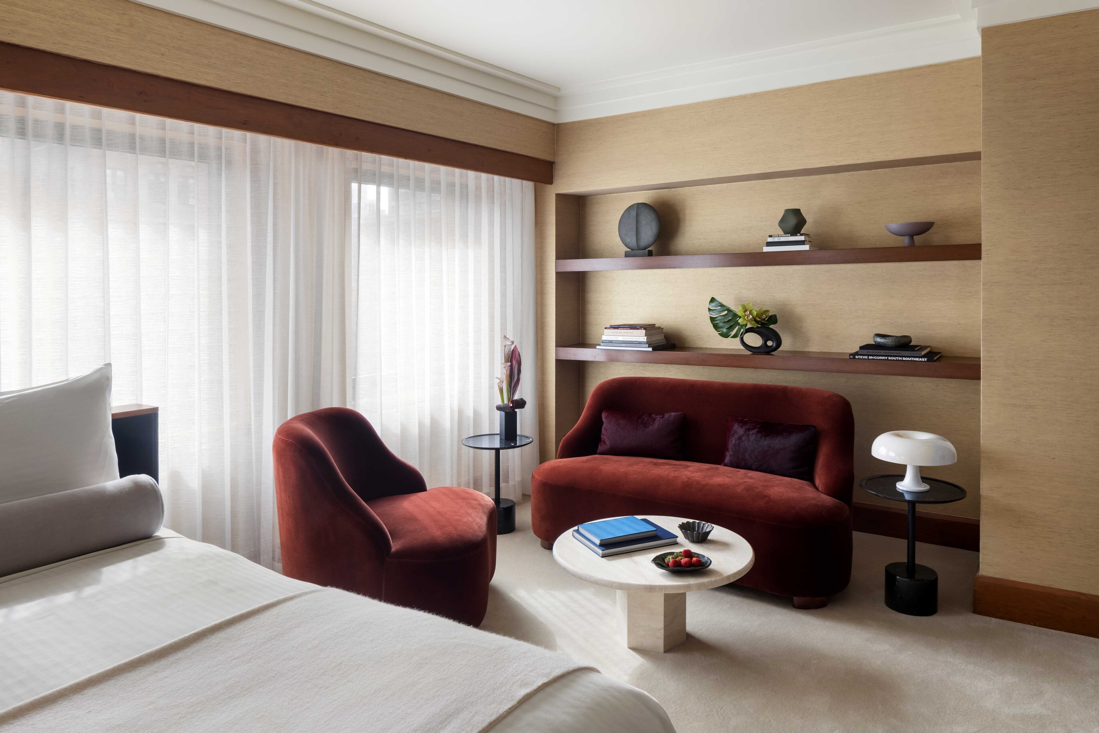 A hotel room with a bed, desk, and chair, The Kitano Hotel New York