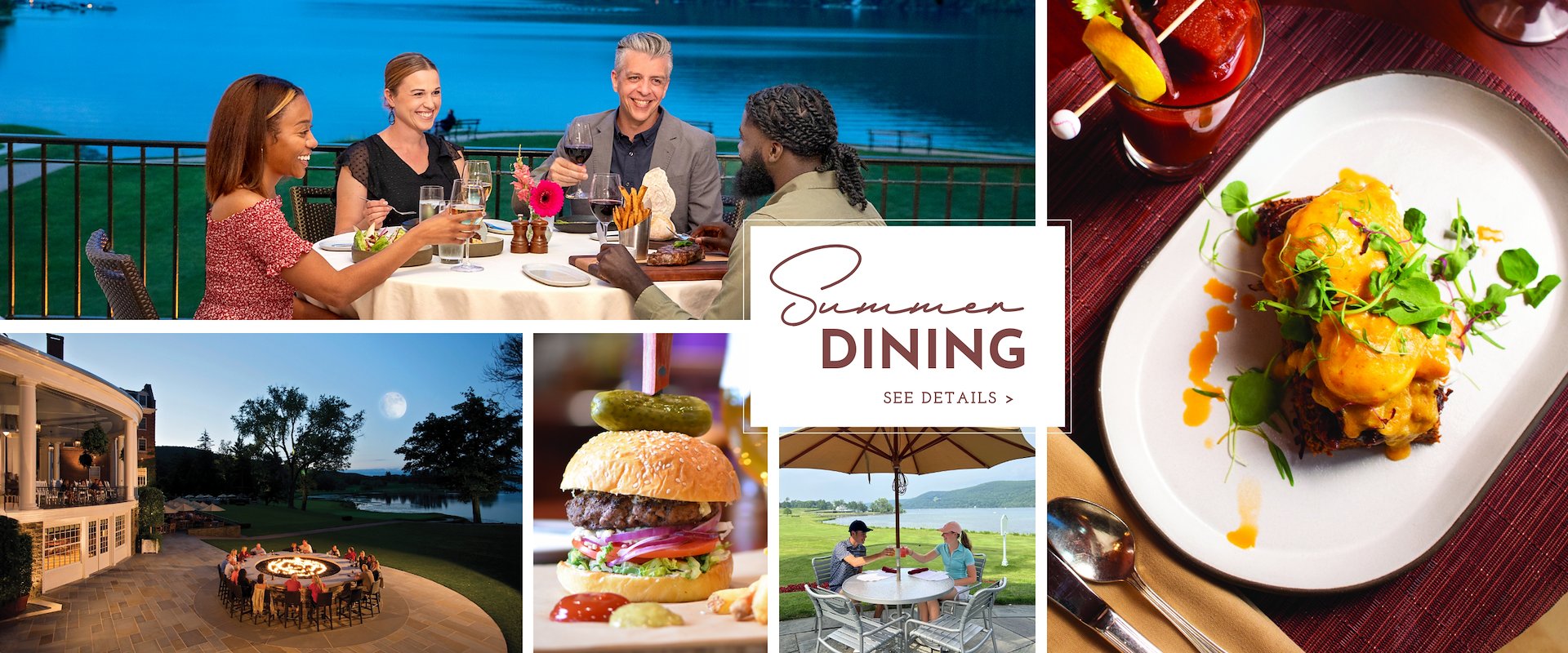 Friends dining at The Otesaga Resort Hotel, New York, enjoying a relaxed meal