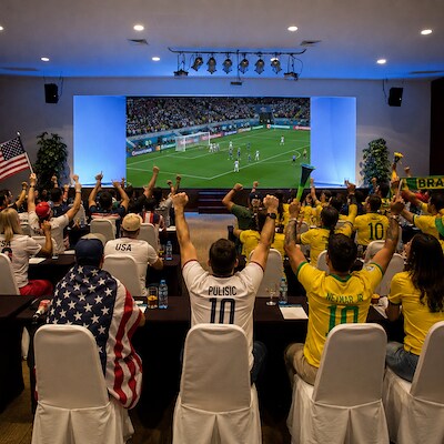 A group of people enjoying a soccer game from the world cup 2026 at The Reef Coco Beach in Playa del Carmen Mexico