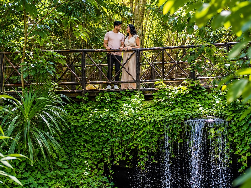 A man and woman standing on a bridge over a waterfall