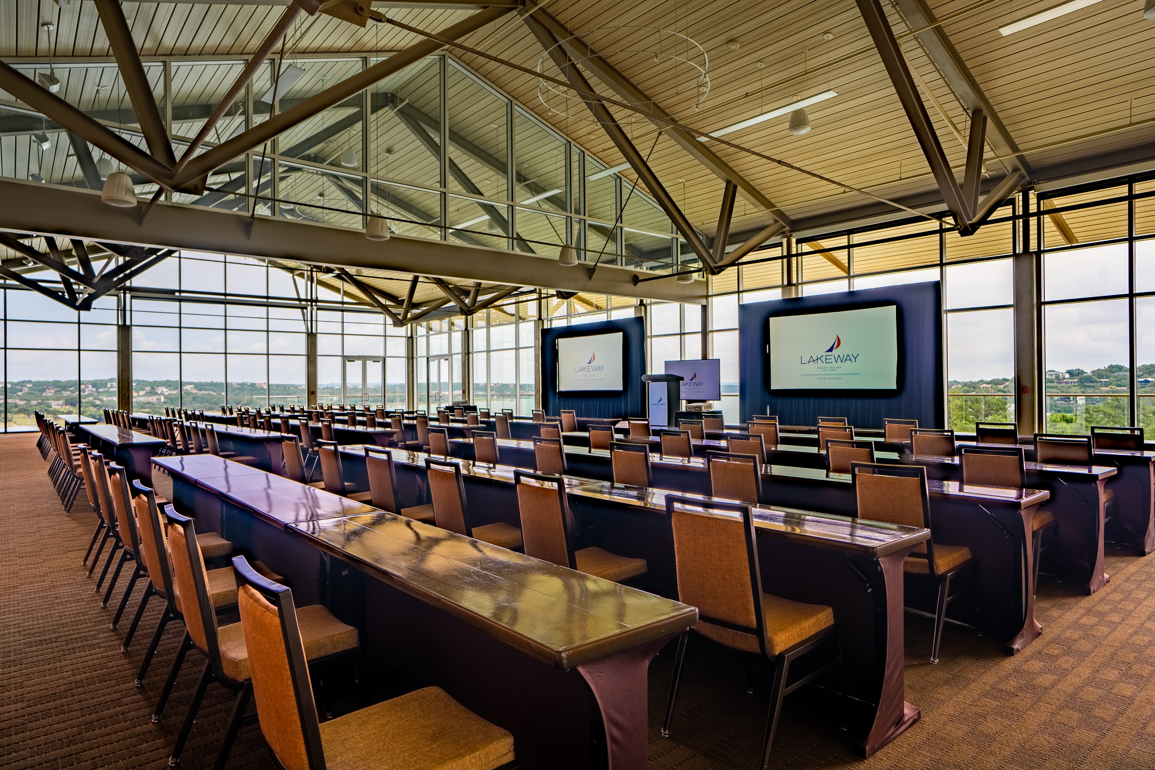 Modern conference room with rows of desks and screens at Lakeway Resort & Spa, Texas