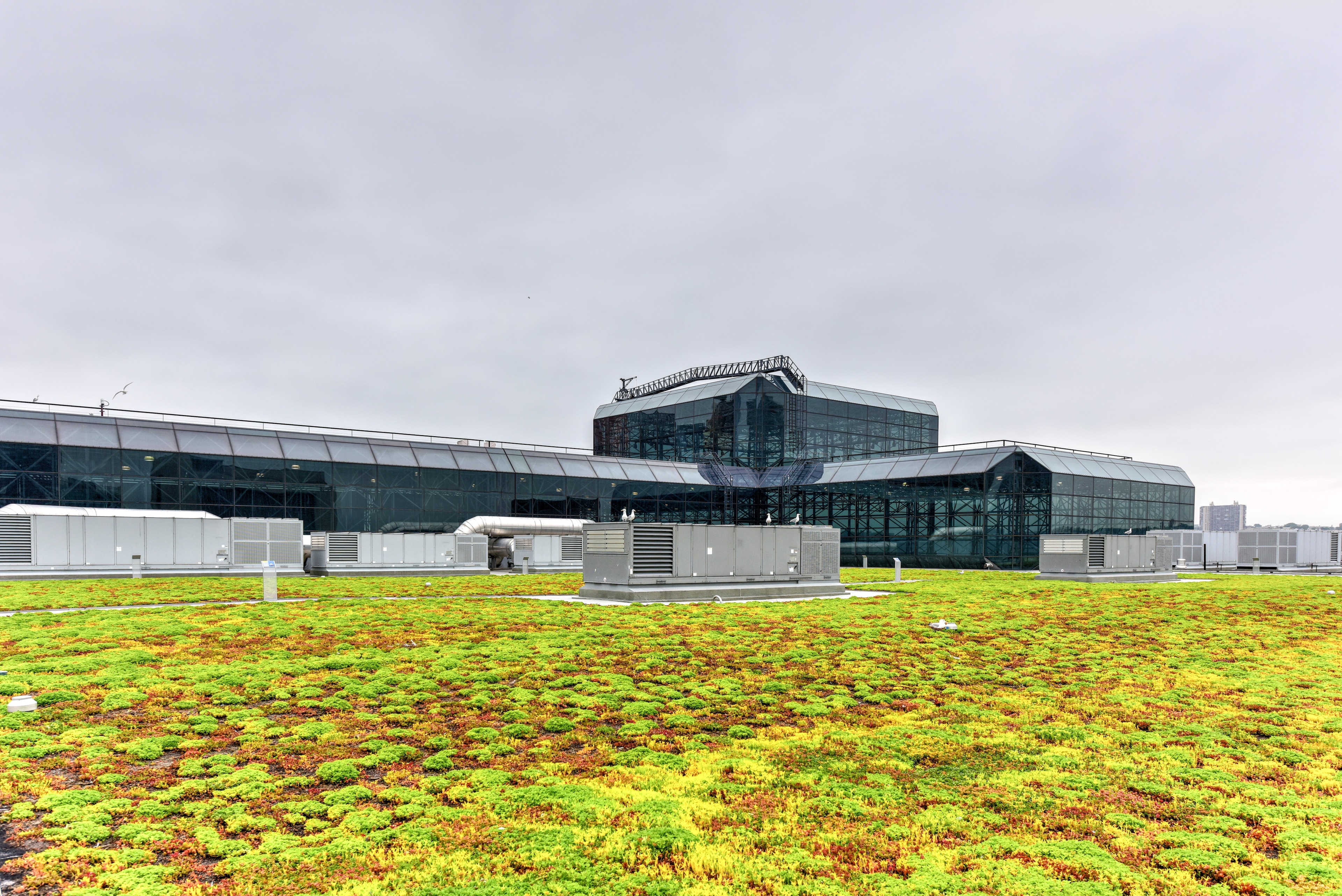 A large building with a green roof and glass facade