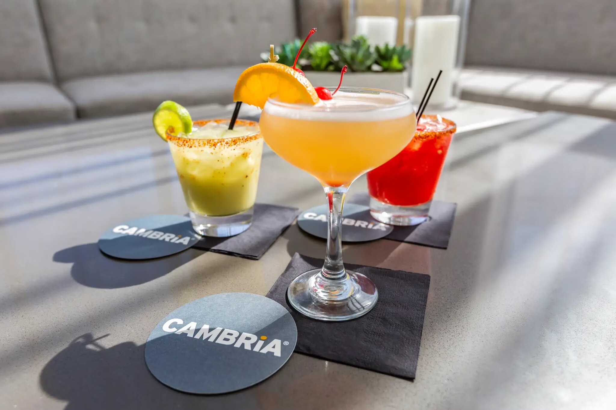 Three cocktails, each on a black Cambria coaster, are arranged on a sunlit table