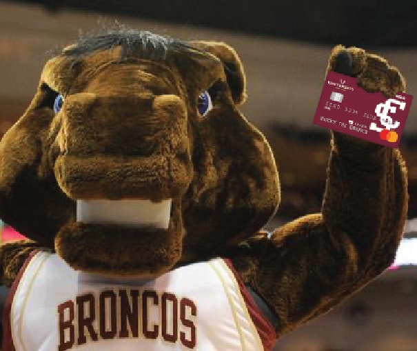 Bronco mascot holding up the Official Broncos debit card