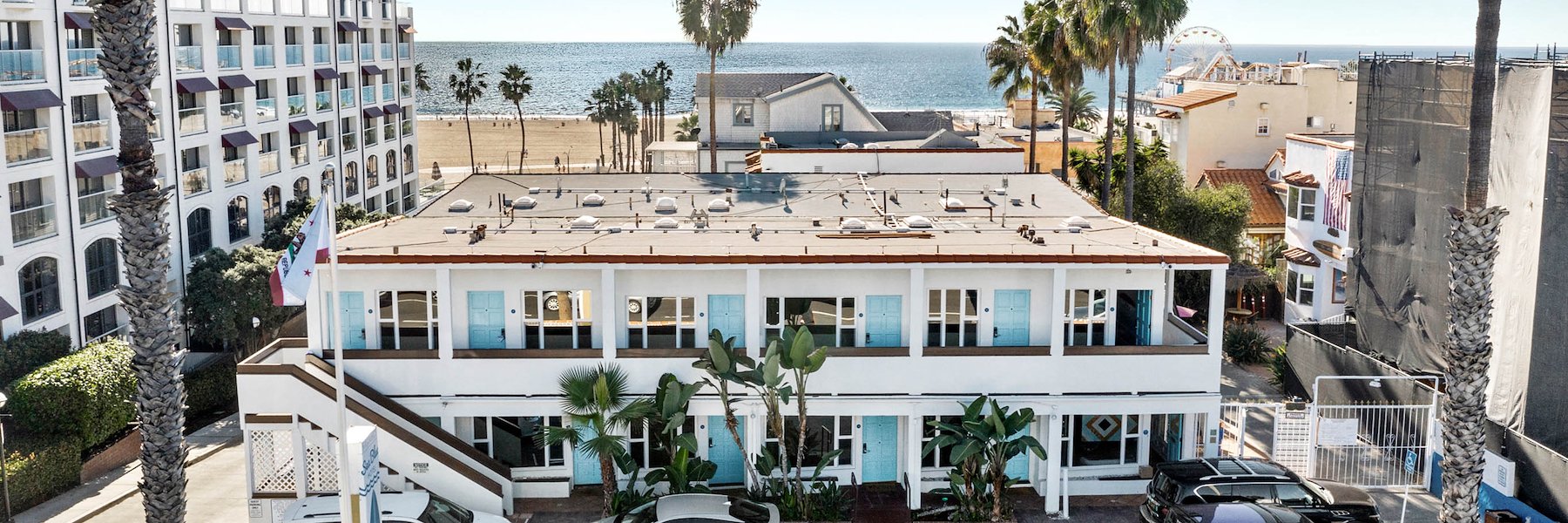 Aerial Front of View Sea Blue Hotel, Santa Monica, California
