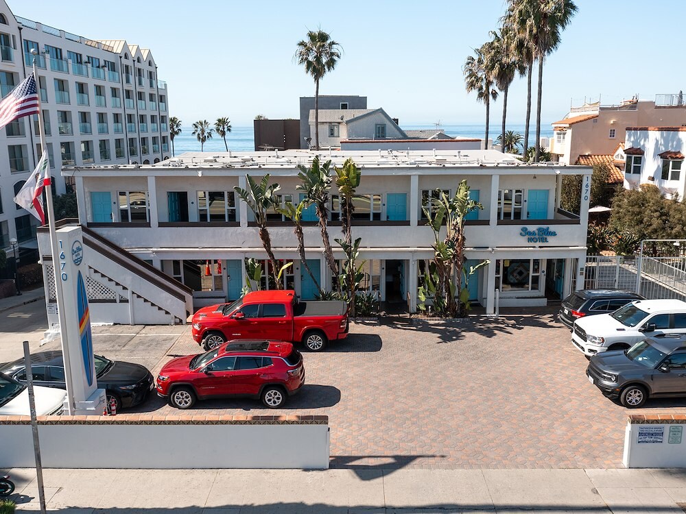 Aerial Front View of Sea Blue Hotel and Santa Monica Beach, California