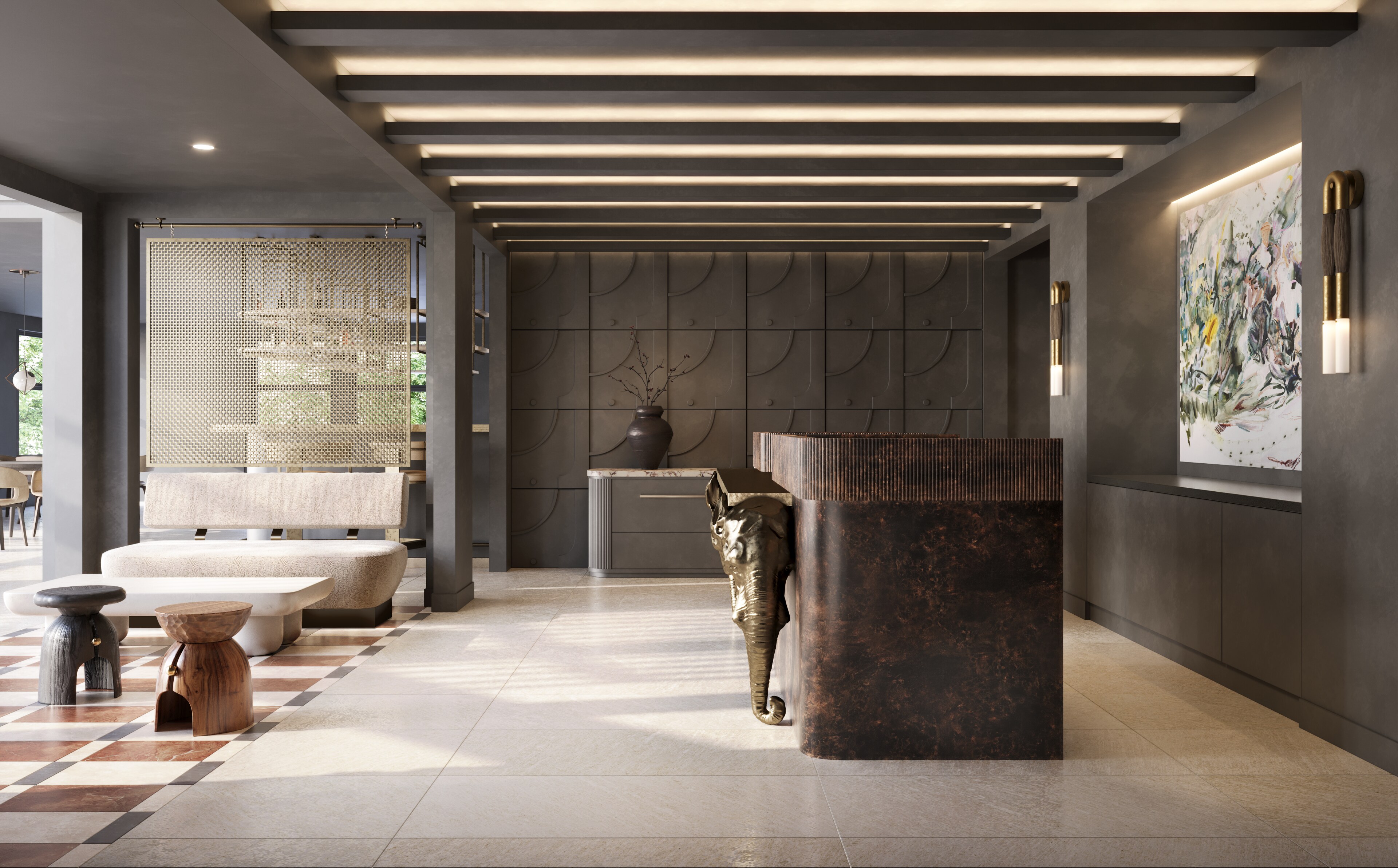 Modern lobby design at the White Elephant Aspen hotel in Colorado.