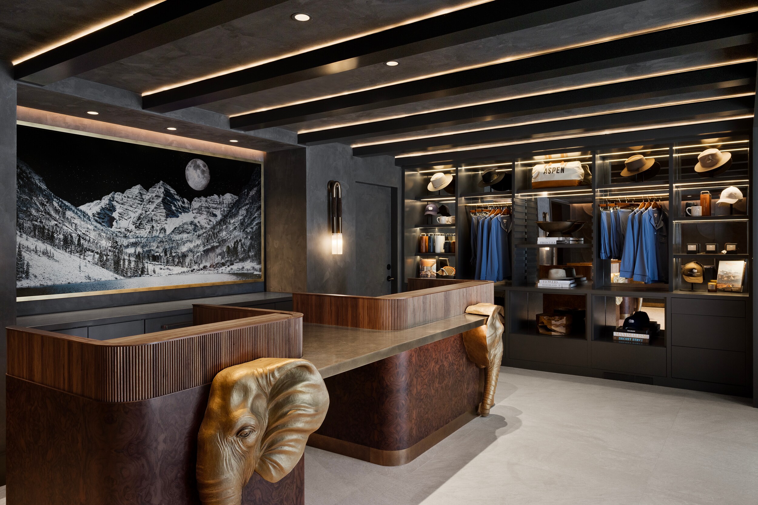Modern lobby design at the White Elephant Aspen hotel in Colorado.
