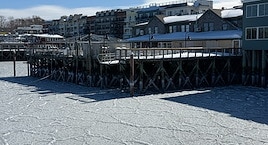 A snowy pier with wooden supports stretches over a frozen, cracked ice surface