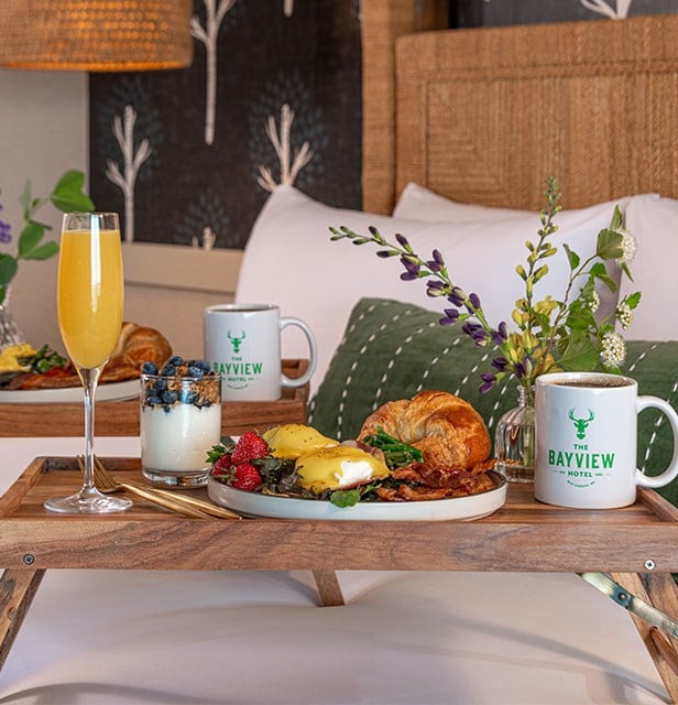 Luxe breakfast in the privacy of your hotel room at The Bayview Hotel, Bar Harbor, Maine