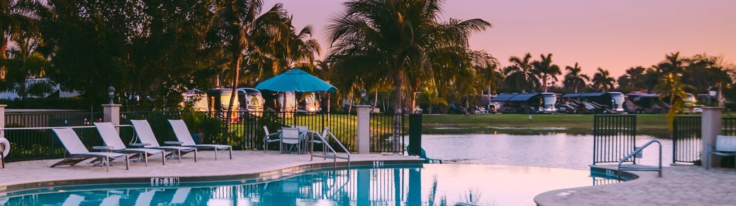 Fountain with Palm Trees at Naples Motorcoach Resort, Florida